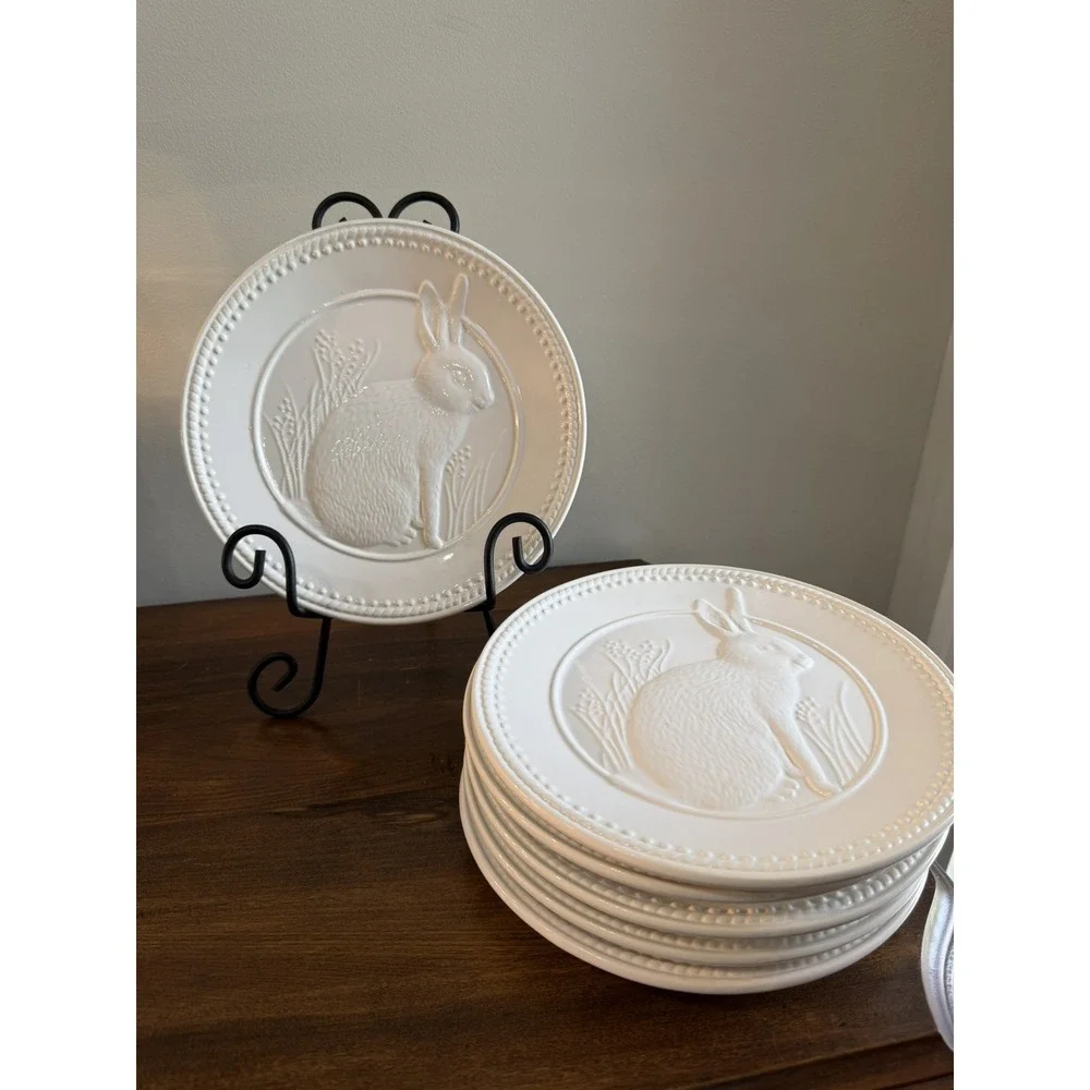 Set of 6 Pottery Barn Embossed Rabbit Bunny Salad Plates 8.25